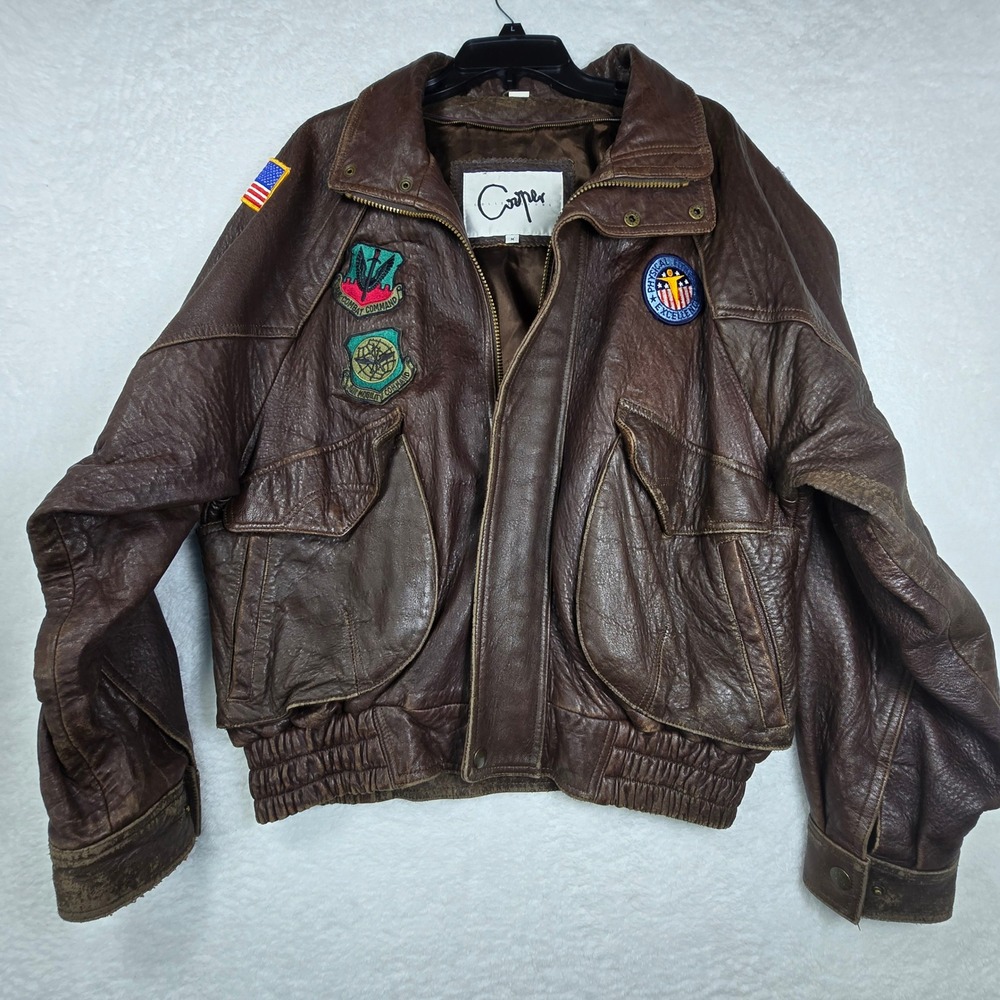 Vintage Cooper Distressed Leather Bomber Jacket Mens M Patches Gorpcore Military